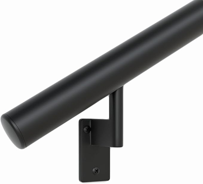 Promenaid 14ft Flush Handrail Kit - Satin Black - Complete Indoor/Outdoor Handrail for Stairs - 1.6" Round Anodized Aluminum Railing with 5 Satin Black Painted Pivoting Wall Brackets & Flush Endcaps