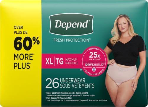Depend Incontinence Underwear for Women, Extra-Large, 26 Count | Maximum Absorption | Disposable | Blush | Pack of 2
