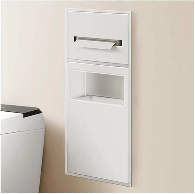 Recessed Stainless Steel Shower Caddy with Trash Can - Waterproof Double-Tier Bathroom Organizer Shelf (White, 63x20x13.5cm) for Efficient Space-Saving Storage