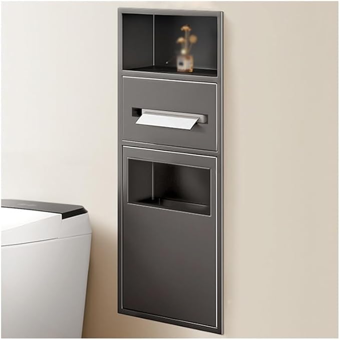 Recessed Stainless Steel Shower Shelf with Trash Can - Double-Tier Waterproof Organizer for Bathroom Storage (White, 63x20x13.5cm) - Space-Saving Solution