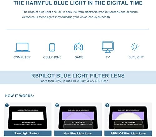 RB. Pilot Reading Glasses for Men Square Double Bridge Light Blocking Computer Readers Spring Hinge Metal Frame Acetate Legs