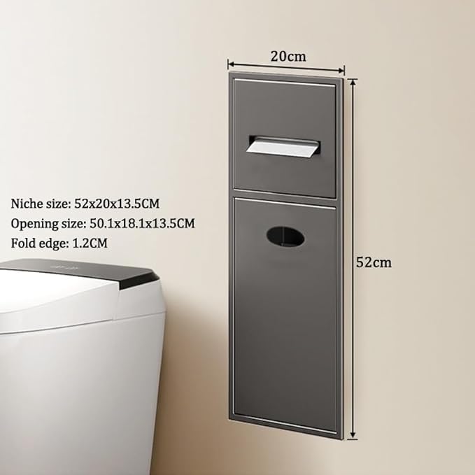 Recessed Stainless Steel Shower Shelf with Trash Can - Double-Tier Waterproof Organizer for Efficient Bathroom Storage (White, 63x20x13.5cm)