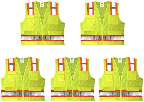 Premium High Visibility Surveyor Vest Solid Front Mesh Back, 5 Pack, Large