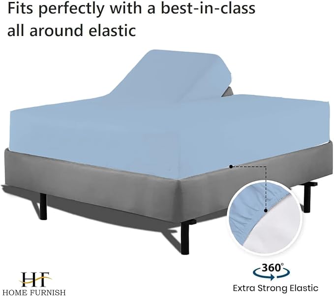 Half Split Queen Fitted Sheet for Adjustable Beds - 1 PC Top Split, 39 inches from Top, 600 Thread Count 100% Cotton, Light Blue Solid