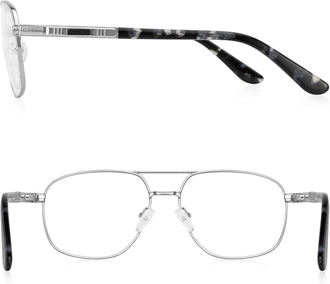 RB. Pilot Reading Glasses for Men Square Double Bridge Light Blocking Computer Readers Spring Hinge Metal Frame Acetate Legs