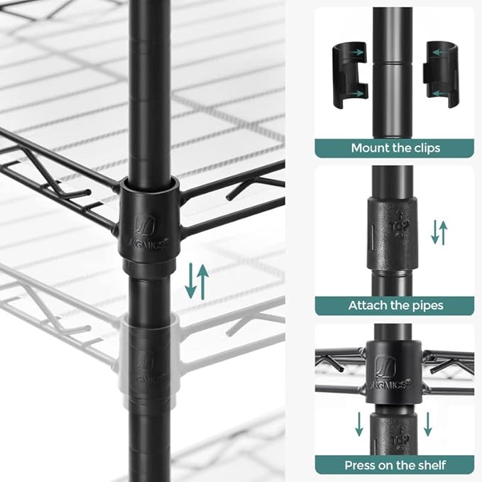 SONGMICS 6-Tier Storage Shelves, Wire Shelving Unit, Kitchen Metal Shelves, Storage Rack with Adjustable Shelves, Shelf Liners, 8 Hooks, for Garage, 11.4 x 23.2 x 63 Inches, Black ULGR066B01