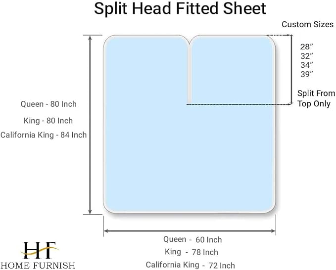 Top Split California King Fitted Sheet Only for Adjustable beds, Split Down 32 inches from The Top, 600 Thread Count 100% Cotton Half Split Flex Head Fitted Sheet for Sleep Number Beds, Light Blue