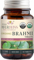 100% Organic Brahmi Tablets with Bacopa monnieri Extract, Ayurvedic Cognitive Support for Memory, Focus, and Mental Clarity, Herbal Brain Health Formula - 90 Count