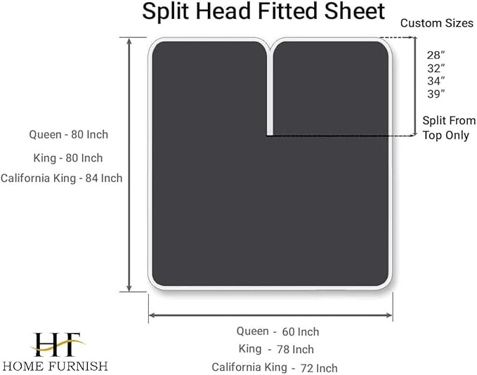 HOME-FURNISH Half Split King Fitted Sheet for Adjustable beds, 1 PC Top Only Down 32 inches from The Top, 600 Thread Count 100% Cotton King, Dark Grey Solid, 32'