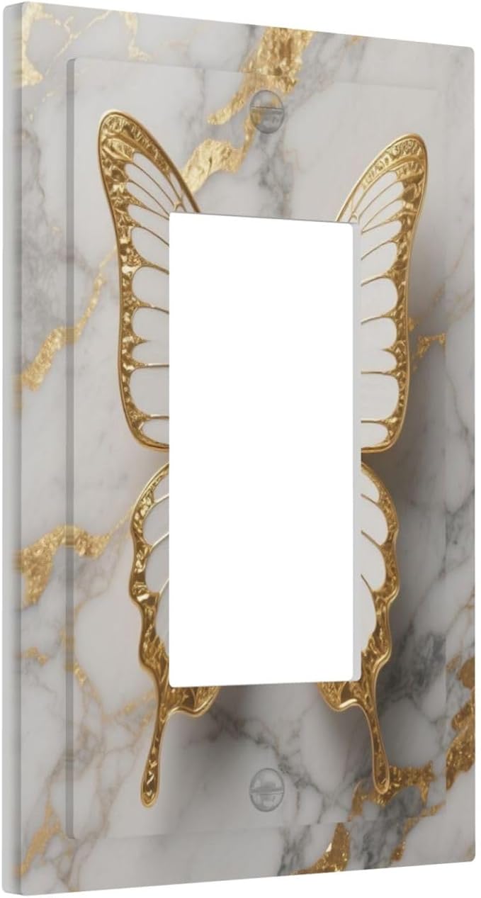 Gold Marble Shine Butterfly Abstract Modern Print Decorative Outlet Covers 1 Gang Single Rocker Light Switch Cover Plate Wall Plates GFCI Faceplate for Bed Room Bathroom Decor