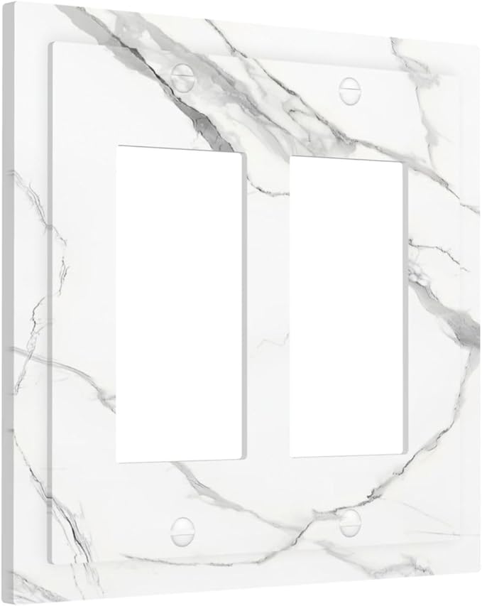 White Marble Abstract Luxurious Print Decorative Outlet Covers 2 Gang Double GFCI Rocker Electrical Wall Panels Light Switch Cover Plate for Bathroom Kitchen Home Decor