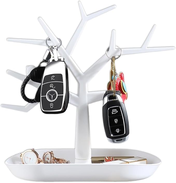 Tabletop Key Holder Stand Tree Key Rack,Stand Jewelry Display Necklace Ring Earring Holder Rack,Jewelry Organizer Tray Home Decor for Home Entryway (White)