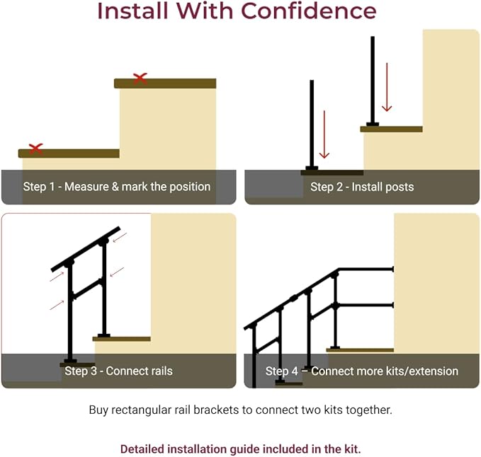 CR Fence & Rail Handrails for Outdoor Steps & Indoor Stair Railing Kit, 1-2 Steps Safety Hand Rail for Porch & Deck