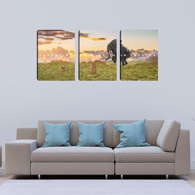 Motivational Canvas Wall Art Inspirational Quotes Poster Modern 3 Pieces Entrepreneur Office Wall Decoration Elephant Painting Decor for Bedroom Stretched and Framed Ready to Hang(72''Wx36''H)