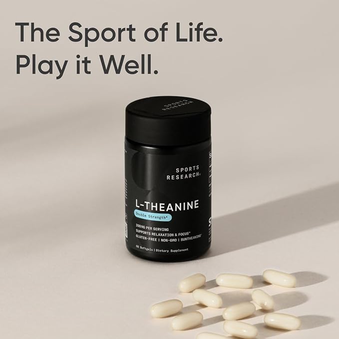 Sports Research Double Strength L-Theanine Supplement - Suntheanine Softgels for Focus, Relaxation & Alertness - Non-Drowsy Support Made with Coconut Oil, Non-GMO & Gluten Free - 200mg, 60 Count