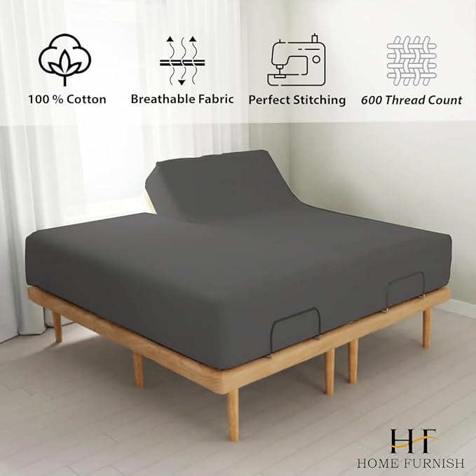HOME-FURNISH Half Split Queen Fitted Sheet for Adjustable beds, 1 PC Top Only Down 39 inches from The Top, 600 Thread Count 100% Cotton Queen, Dark Grey Solid