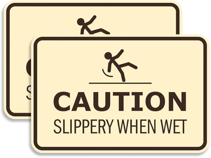 Signs ByLITA Classic Framed Caution: Slippery When Wet Door or Wall Sign Easy Installation | Health And Safety | Building And Warning Sign (Ivory/Dark Brown) - Large 2 Pack