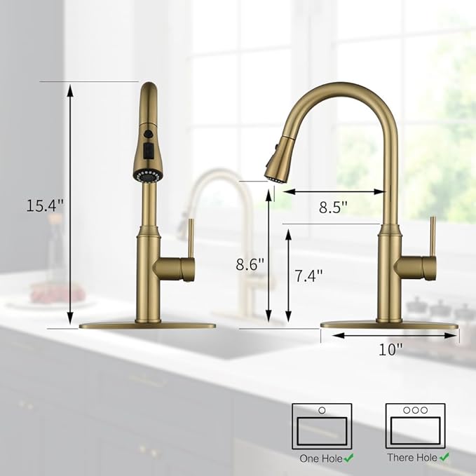 Gold Kitchen Faucet with Sprayer,Single Handle Kitchen Sink Faucet with Pull Out Sprayer, Champagne Bronze, Arofa Brushed Gold Brass Faucets for RV/Outdoor/Laundry Sink