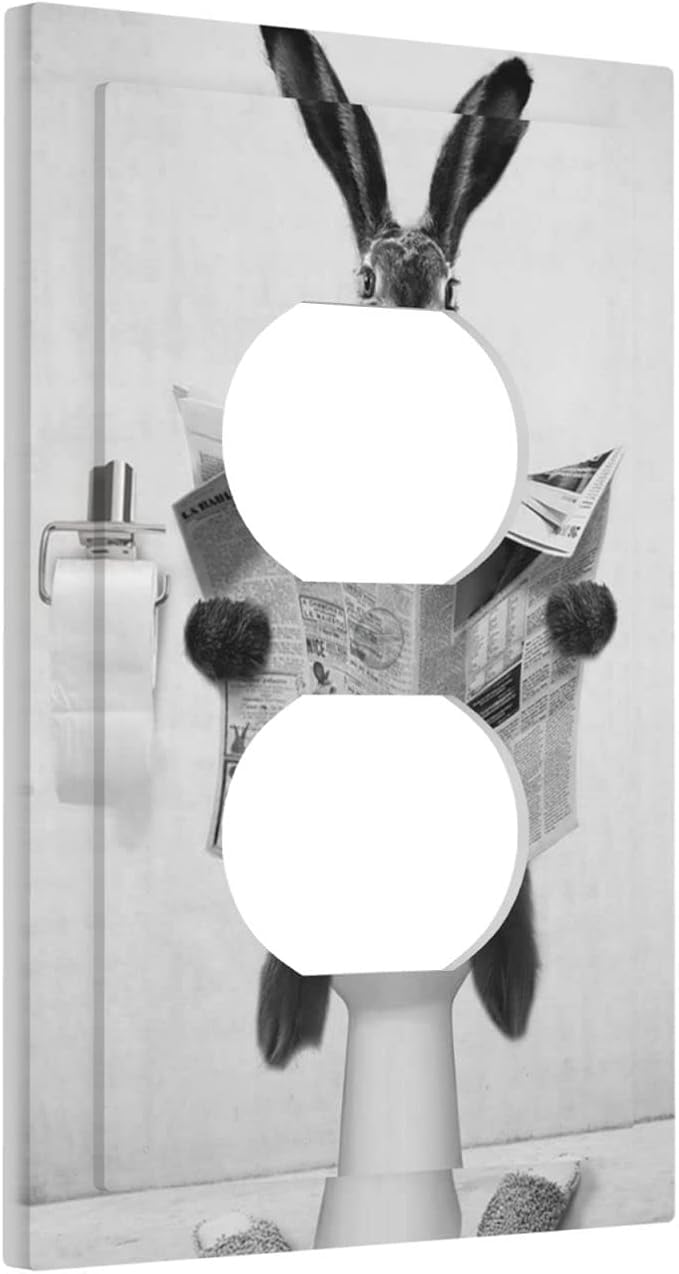 Outlet Covers Funny Retro Cute Animals Grey Black Rabbit 1 Gang Duplex Light Switch Cover Plate Decorative Dual Device Wall Plate Receptacle Electrical Switchplate for Country Bathroom Bedroom