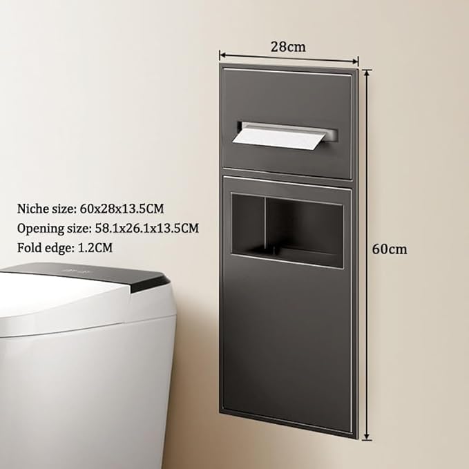 Recessed Stainless Steel Shower Organizer with Trash Can - Double-Tier Waterproof Bathroom Shelf (White, 63x20x13.5cm) for Efficient Storage & Space-Saving Solutions