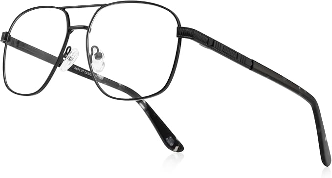 RB. Pilot Reading Glasses for Men Square Double Bridge Light Blocking Computer Readers Spring Hinge Metal Frame Acetate Legs