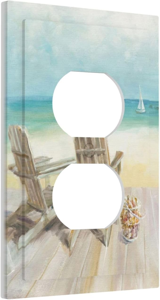 Outlet Covers Beach Chair Seascape Blue Ocean 1 Gang Duplex Light Switch Cover Plate Modern Coastal Decorative Wall Plates Electrical Switchplate Receptacle Cover for Bathroom Bedroom Decor