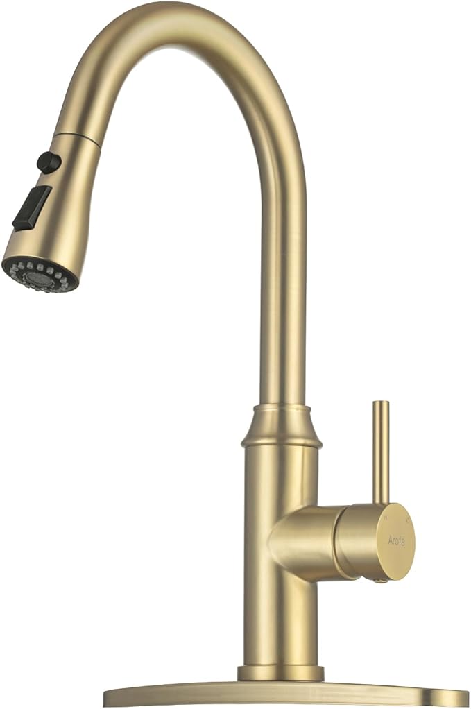 Gold Kitchen Faucet with Sprayer,Single Handle Kitchen Sink Faucet with Pull Out Sprayer, Champagne Bronze, Arofa Brushed Gold Brass Faucets for RV/Outdoor/Laundry Sink