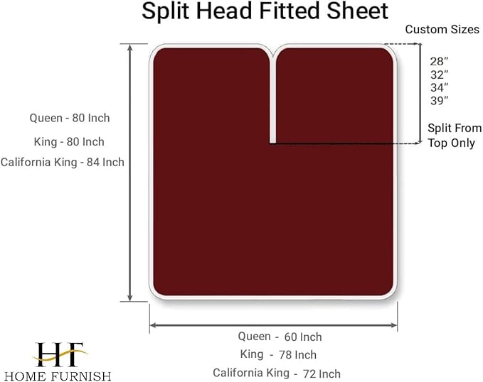 Top Split King Fitted Sheet Only for Adjustable beds, Split Down 39 inches from The Top, 600 Thread Count 100% Cotton Half Split Flex Head Fitted Sheet for Sleep Number Beds, Burgundy