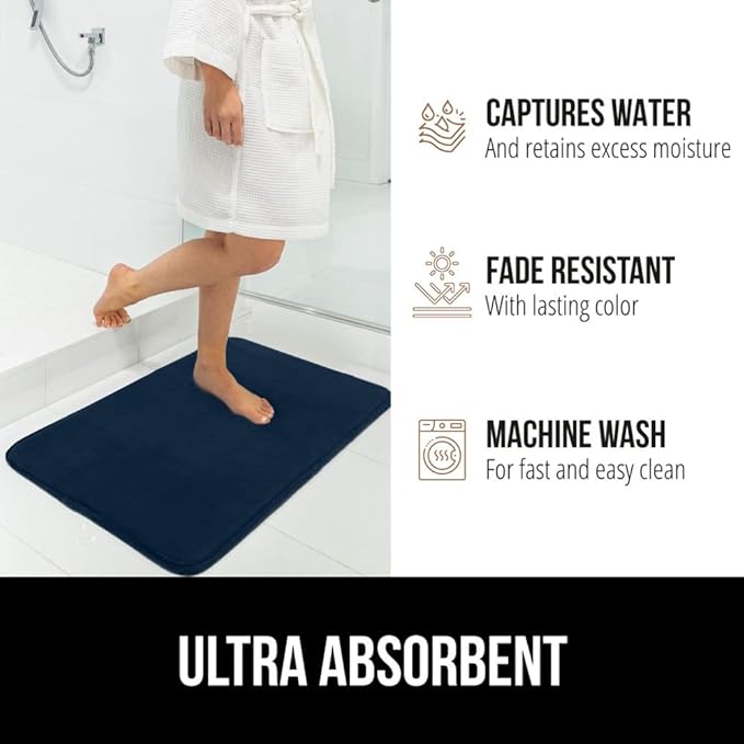 GORILLA GRIP Memory Foam Bath Rugs, Soft Absorbent Velvet Bathroom Mats, Durable Dots on Underside, Machine Washable Bathmat, Carpet Rug Room Decor for Shower Floor, 42x24 Mat, Navy Blue