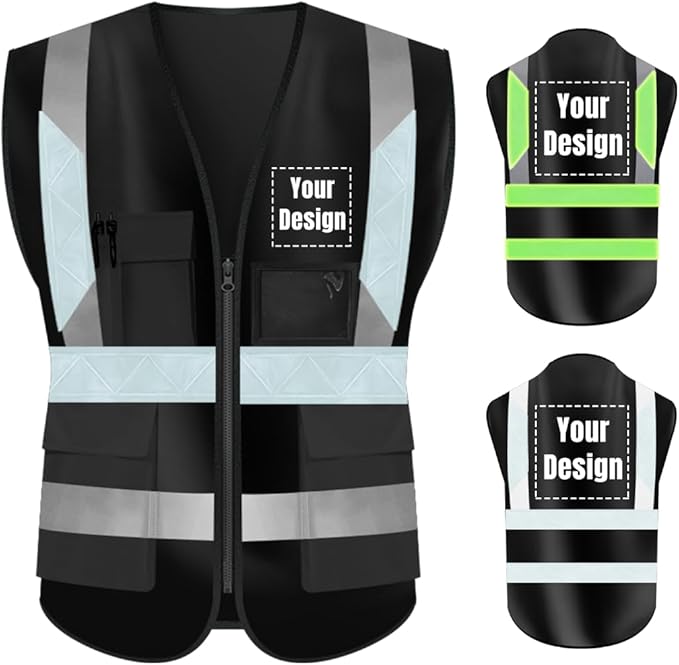 YOWESHOP High Visibility Safety Vest Custom Your Logo Protective Workwear 5 Pockets With Reflective Strips Outdoor Work Vest (XL, Black Luminous)