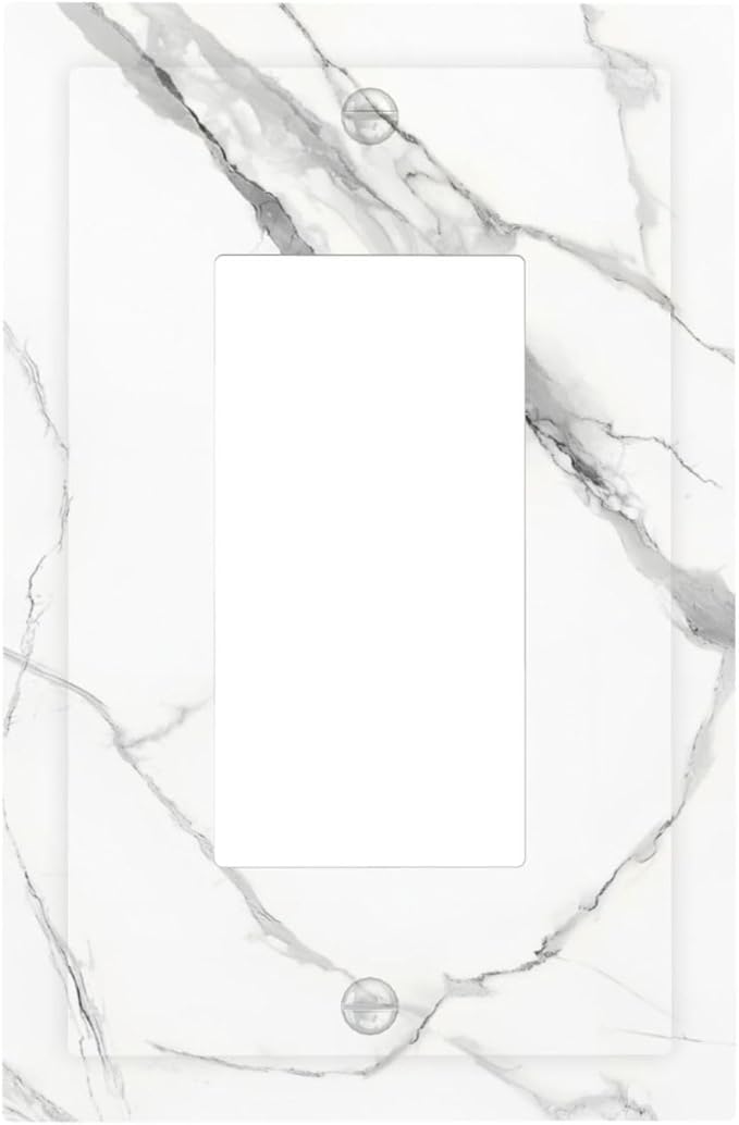 White Marble Abstract Luxurious Print Decorative Outlet Covers 1 Gang Single Rocker Light Switch Cover Plate Wall Plates GFCI Faceplate for Bathroom Kitchen Home Decor