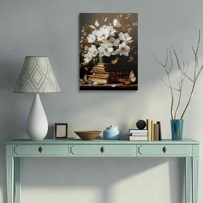 Framed Floral Book Butterfly Vintage Picture Wall Decor Gift Retro Bible Print Poster Rustic Painting Flower Canvas Wall Art for Living Room Bedroom Artwork (12"x16")