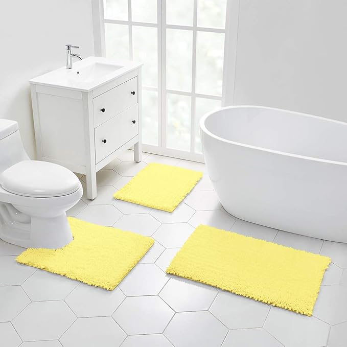 Walensee Large Bathroom Rug Non Slip Bath Mat (72x24 Inch Yellow) Water Absorbent Super Soft Shaggy Chenille Machine Washable Dry Extra Thick Perfect Absorbant Best Plush Carpet for Shower Floor