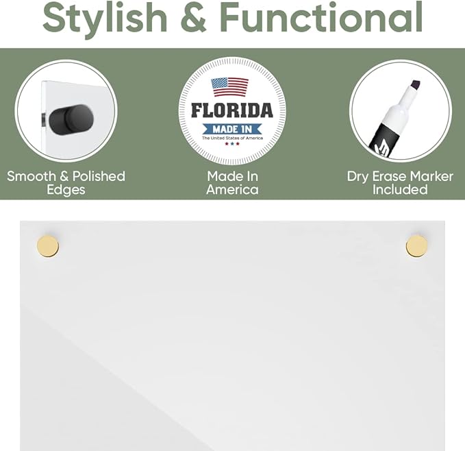 Ships Next Day, Made in USA - Acrylic Dry Erase Board | Non-Magnetic Dry Erase Board | Hanging Frameless White Board | Acrylic for Office and Home Walls | for Adults (White - 24x36)
