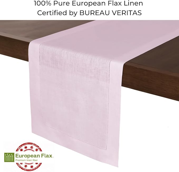 D'Moksha Homes Linen Pastel Pink Table Runner 72 Inches Long - 100% Pure Linen Hemstitch Table Runner 14 x 72 Inch for Dresser, Dining, Valentines, Spring, Easter - Classic Hemstitch