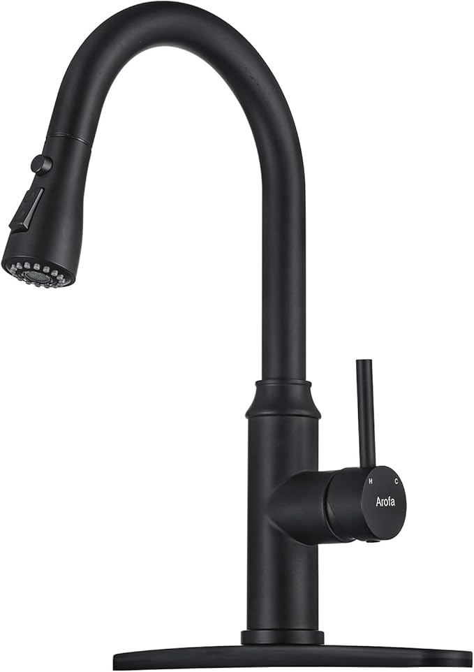 Matte Black Kitchen Faucet with Pull Down Spayer Arofa Single Handle Pull Out Kitchen Sink Faucet with Sprayer, Solid Brass Commercial Faucet for Kitchen Sink, RV, Outdoor, Laundry & Utility Room Sink
