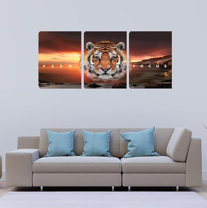 Motivational Wall Art, Inspirational Canvas Wall Art for Office, 3 Pieces Tiger Painting Posters Prints for Entrepreneur Living Room Bedroom Dorm(48''Wx24''H)