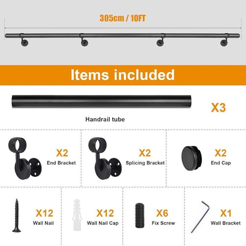 10Ft Industrial Metal Stairs Handrail Kit, Sturdy Wall Mount Aluminum Hand Rail, Indoor Outdoor Stair Railing Wood Concrete Brick Wall,1.5 in Round Pipe Grab Bar, Matte Black-10FT