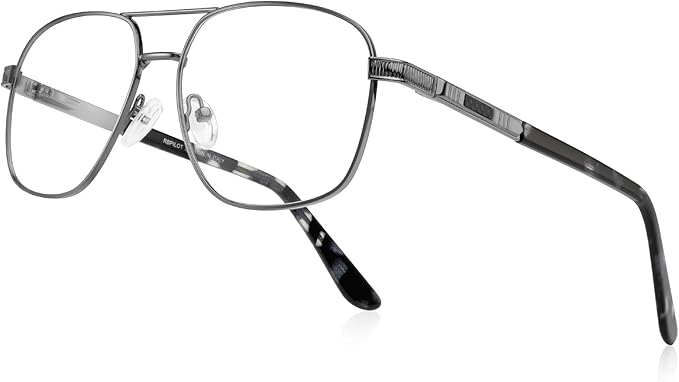 RB. Pilot Reading Glasses for Men Square Double Bridge Light Blocking Computer Readers Spring Hinge Metal Frame Acetate Legs