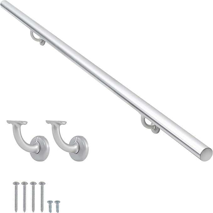 9FT Modern Aluminum Handrail Set, handrails for Indoor Stairs,Deck,Slope, Wall Mounted Staircase handrails, Zink Alloy Brackets Included,Rust Free. (Anodized Silver, 9 FT)