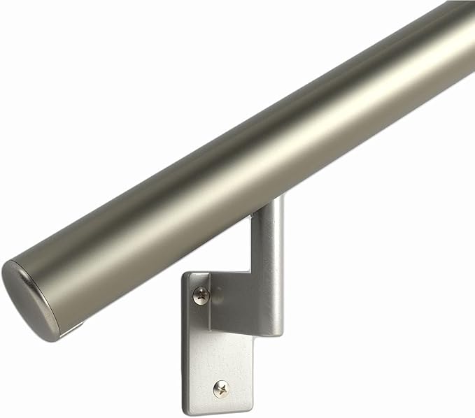 Promenaid 12ft Flush Handrail Kit - Champagne - Complete Indoor/Outdoor Handrail for Stairs - 1.6" Round Anodized Aluminum Railing with 4 Nickel Plated Pivoting Wall Brackets & Flush Endcaps