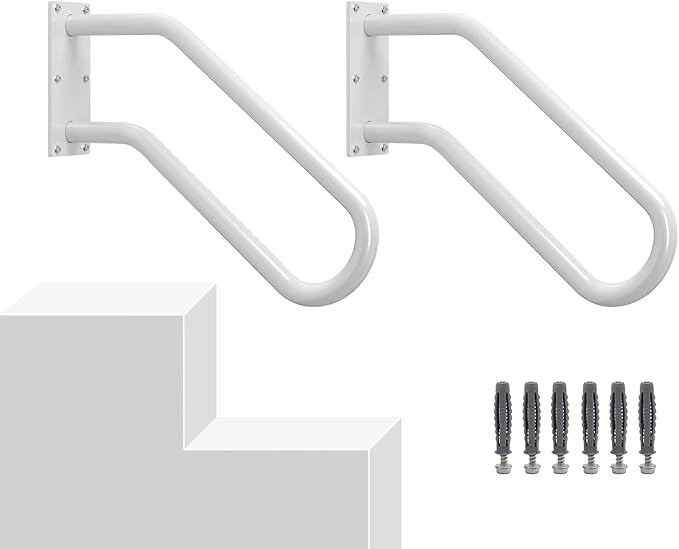 Hand Rails for Outdoor 1-2 Steps, Indoor Stairs, Bathroom, Wall Mount Non-Slip U-Shape Stair Hand Railing White 2 Pack