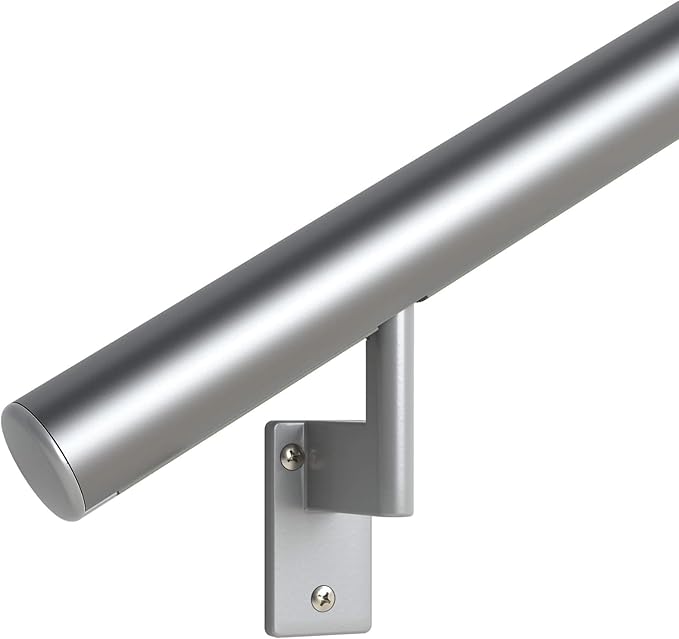 Promenaid 6ft Flush Handrail Kit - Silver - Complete Indoor/Outdoor Handrail for Stairs - 1.6" Round Anodized Aluminum Railing with 3 Silver Painted Pivoting Wall Brackets & Flush Endcaps