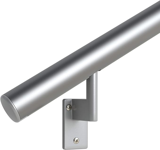 Promenaid 17ft Flush Handrail Kit - Silver - Complete Indoor/Outdoor Handrail for Stairs - 1.6" Round Anodized Aluminum Railing with 6 Silver Painted Pivoting Wall Brackets & Flush Endcaps