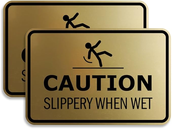 Signs ByLITA Classic Framed Caution: Slippery When Wet Door or Wall Sign Easy Installation | Health And Safety | Building And Warning Sign (Brushed Gold) - Small 2 Pack