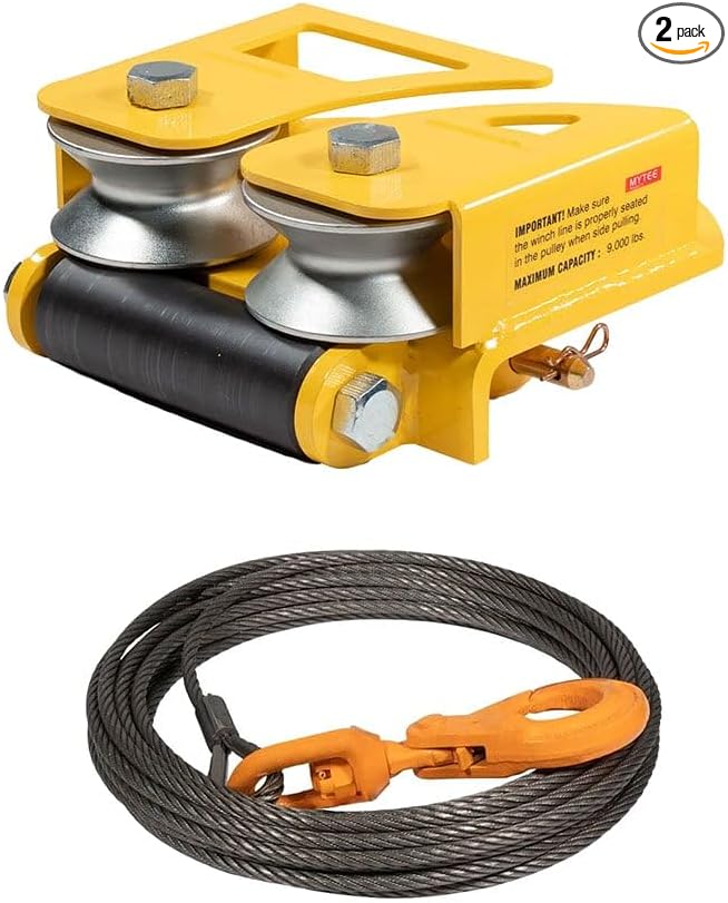 Mytee Products 1 Pack Steel Core Winch Cable 3/8" x 100' Swivel Hook 14,400 lbs Breaking Strength & 1 Pack Side Puller Recovery Tool for Vehicle Towing & Angled Winching - 9,000 lbs WLL