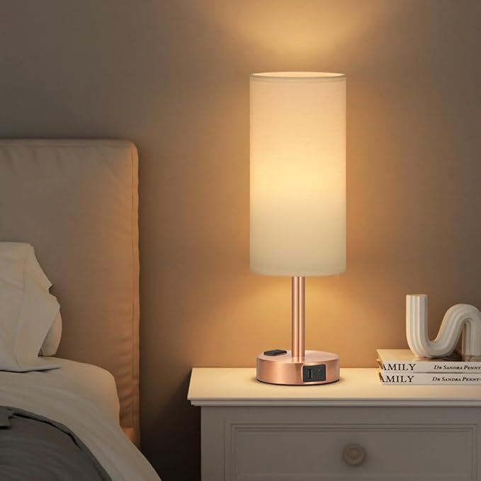 Fenmzee Bronze Nightstand Bedroom Lamp - 3 Way Dimmable Bedside Lamp USB C A Charging Ports and AC Outlet, Small Table Lamp White Linen Lampshade for Desk, LED Bulb Included
