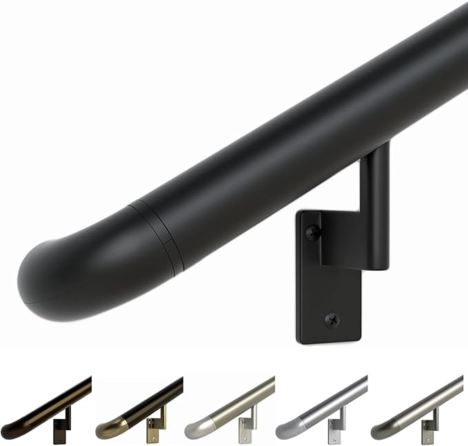 Promenaid 13ft ADA Handrail Kit - Black - Complete Indoor/Outdoor Handrail for Stairs - 1.6" Round Anodized Aluminum Railing with 6 Satin Black Painted Pivoting Brackets & ADA Wall Returns