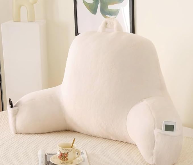 Reading Pillow for Sitting in Bed, Large Backrest Reading Pillow with Arm Rest,Back-Rest Support Cushion for Sit Up on Couch, Sofa, and Floor, Dorm Essentials (White Faux Fur, Large(19"))