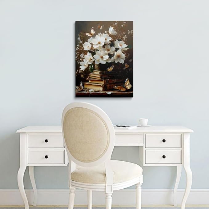 Framed Floral Book Butterfly Vintage Picture Wall Decor Gift Retro Bible Print Poster Rustic Painting Flower Canvas Wall Art for Living Room Bedroom Artwork (12"x16")